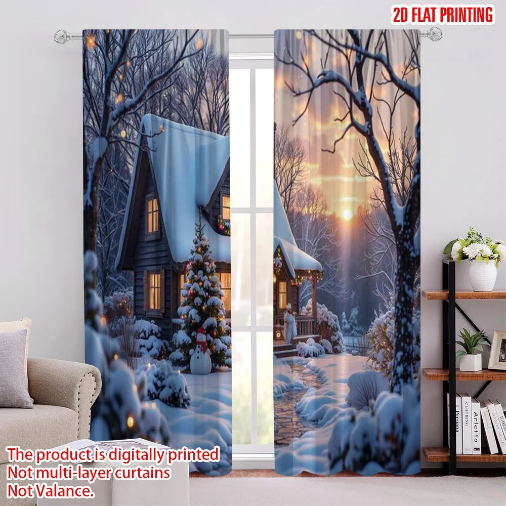 

2pcs 2D flat printing Merry Christmas Curtains Red huts and snow scenes Versatile 100% Polyester Without Electricity Spring