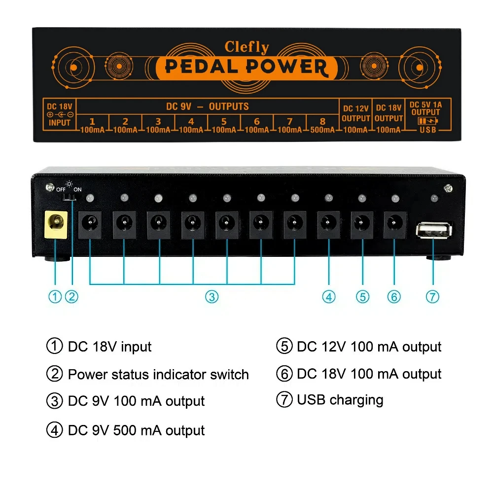 Clefly Guitar Effector Pedal Power Supply 10 Isolated DC Output 9V 12V 18V Source Effect Pedalboard 1 USB Port For cellphone