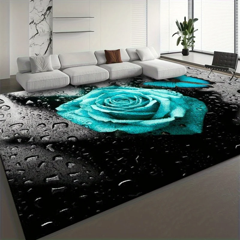 Vivid Red Rose Green Leaf Black Background Print Large Area Rug Soft Flannel Non Slip Floor Carpet for Living RoomDecor