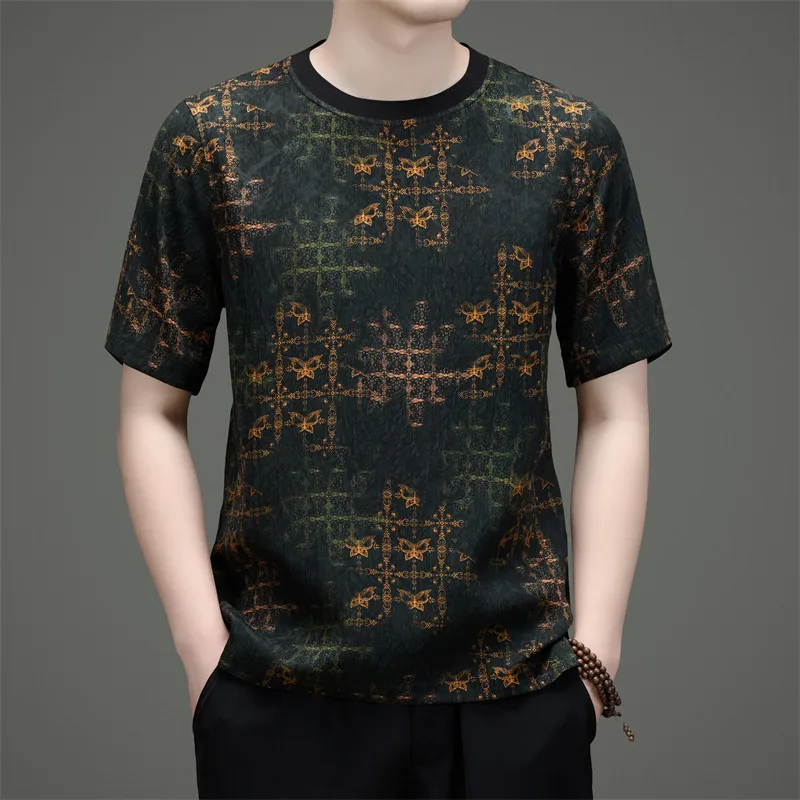 Gambiered Canton Gauze T Shirt For Men Short Sleeve Premium Cool Summer High-Quality Silk 100% Skin-Friendly Camisetas De Hombre