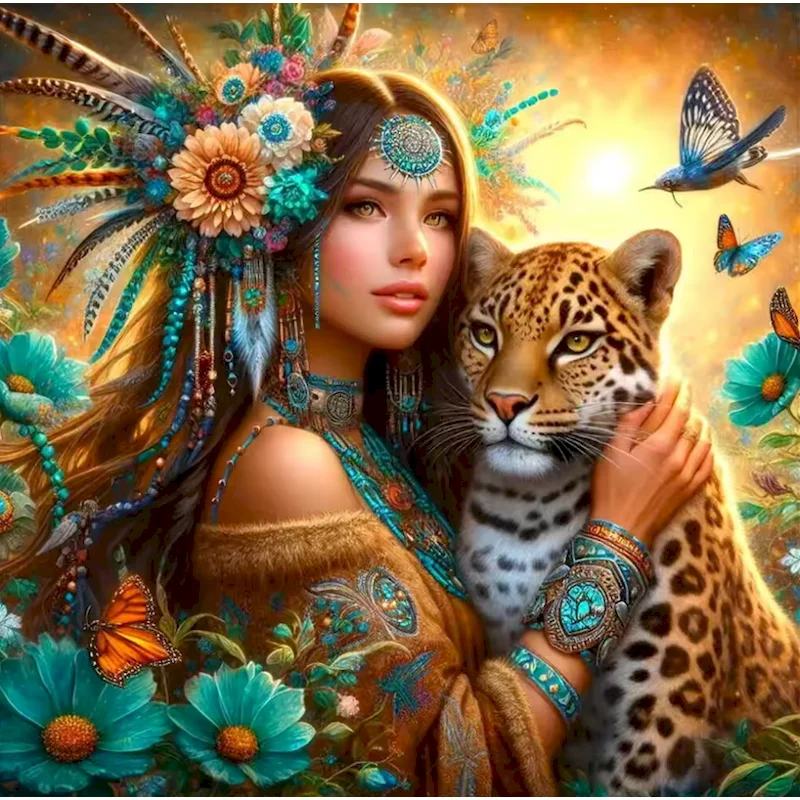 

Набор для алмазной вышивки SDOYUNO Full Square Drill: Женский портрет с леопардом, мозаика из страз, декор для дома