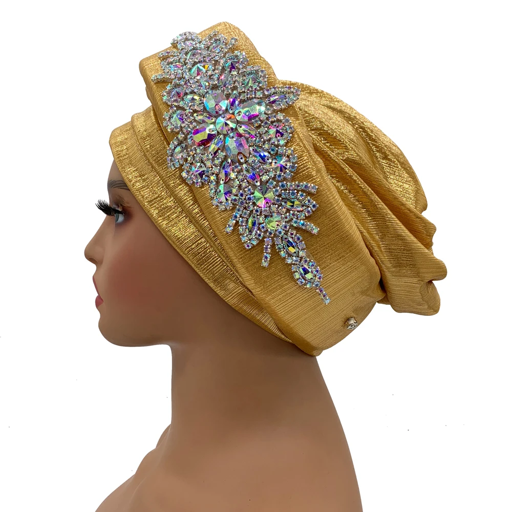 Cappello turbante con strass di lusso per donna Copricapo avvolgente africano con glitter Nigeria Auto Gele Headtie Turbante Mujer