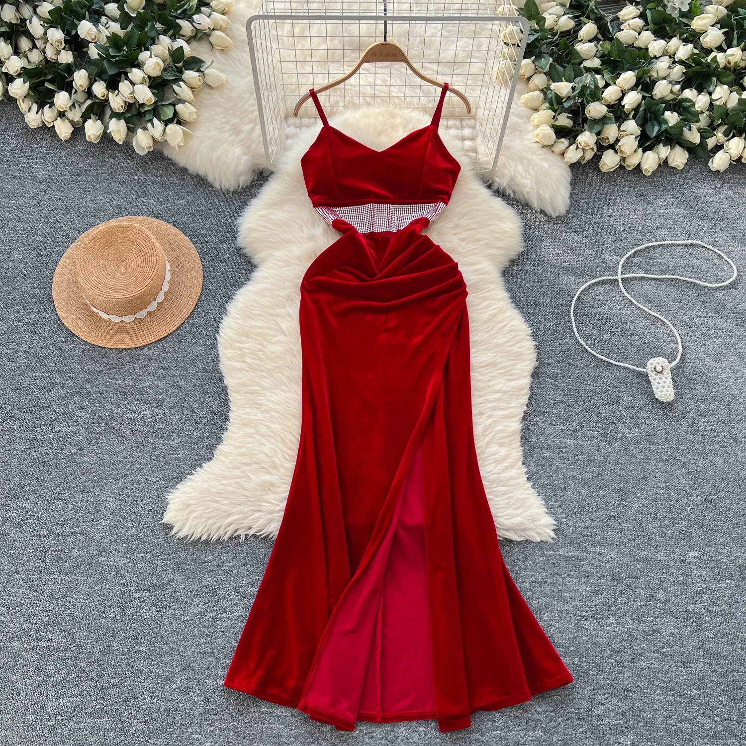 Elegant Rhinestone Vintage Sleeveless Chic Split Slim Velvet Straps Dresses French Fashion Evening High Street Summer Clothing