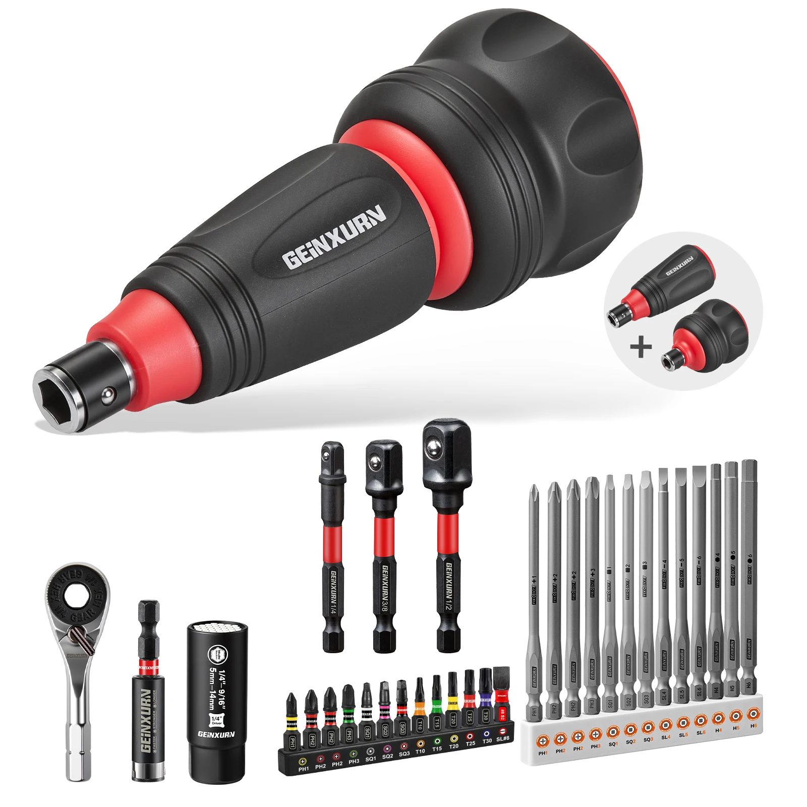 Geinxurn Impact Magnetic Screwdriver Set, Stubby 2-in-1 Ratchet Handle, Dual End Socket Wrench, Bits, Nut Driver for Repair
