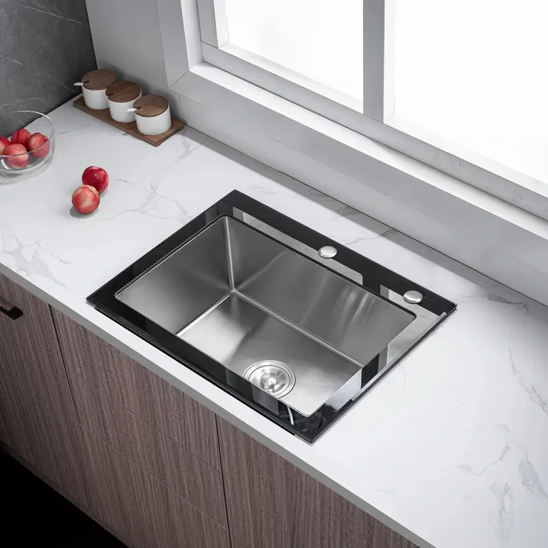 for Stainless Steel Handmade Single Bowl Kitchen Sink with Glass Panel Black Gold Finish for Europe US Southeast Asia Export