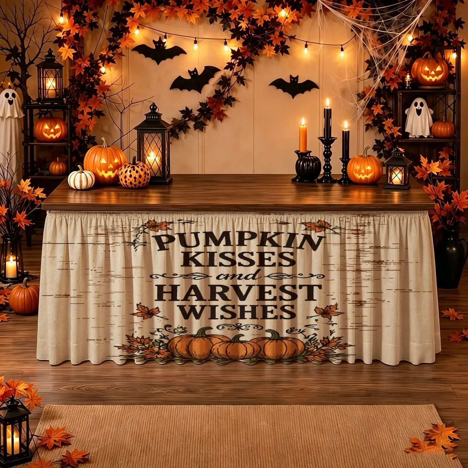 Halloween, Christmas, Party Scary Table Skirt Set - Pumpkin Kiss and Harvest Wishes