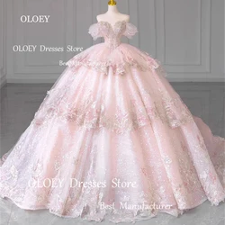 OLOEY Exquisite Glittery Faify Pink Quinceanera Dresses Customized Wedding Gown Beading Pearls Party Gown Off Shoulder Ball Gown