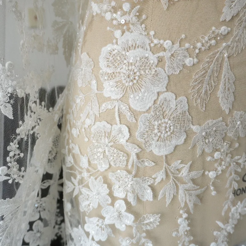 

New Beaded Cotton Lace Fabric with Sequins DIY Sewing Material for Wedding Dress Kids Clothes Curtain Skirt Designer Cloth
