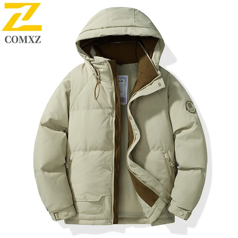 سترة COMXZ للرجال عالية الجودة بغطاء للرأس للمغامرة الخارجية مقاومة للرياح سترة دافئة بلون سادة للمشي لمسافات طويلة معطف شتوي خفيف الوزن