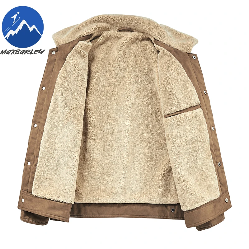 Winter Fleece Jacket Men Comfort Camping Cold Proof Padded Coats Fur Collar Single Row Button Wrinkle Resistant Lightweight Coat