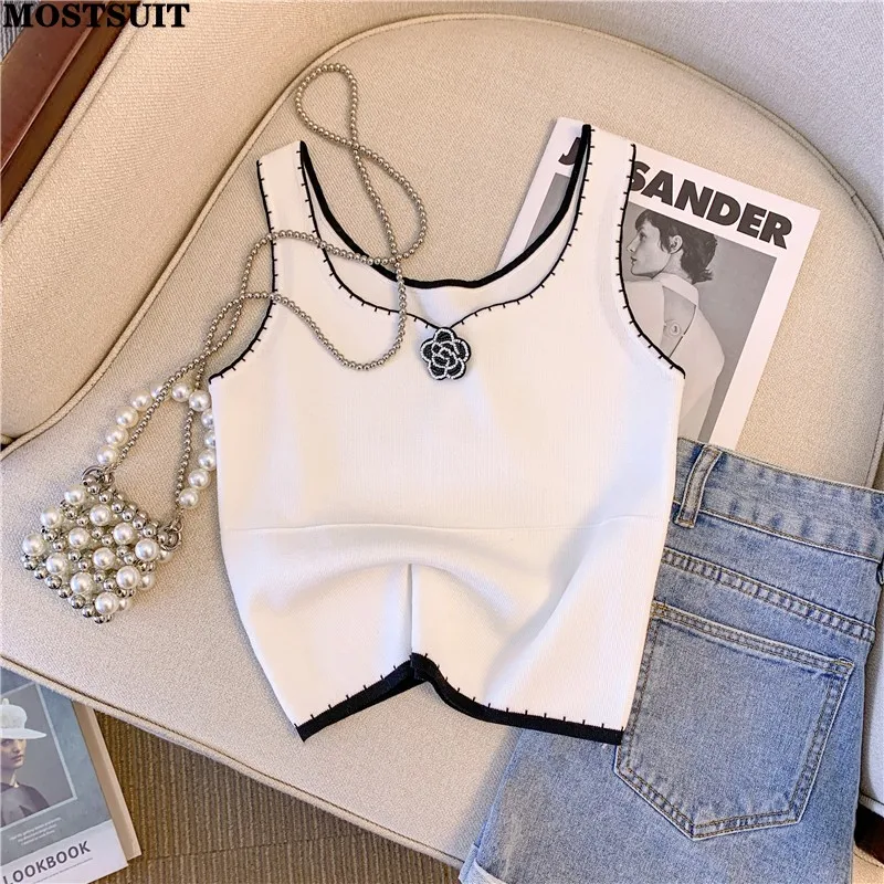 Sexy Vintage Slim Knit Sweater Vests Women Flower Beaded Sleeveless Crop Tops 2024 Summer Elegant Stylish Fashion Chic Knitwear