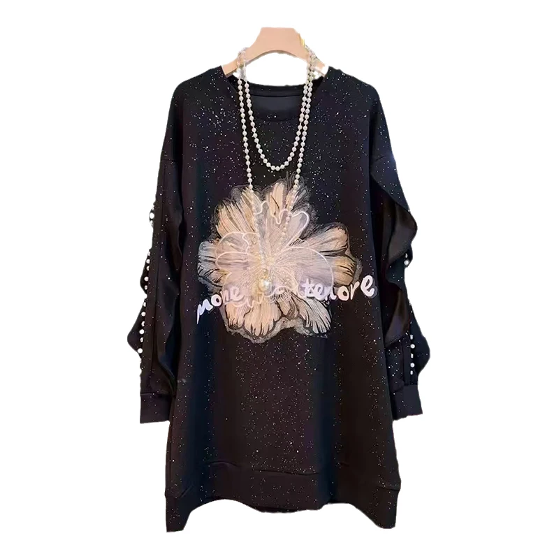 Primavera Autunno Moda Perline Fiore tridimensionale Felpa nera Dolce girocollo Allentato Versatile Top a maniche lunghe da donna