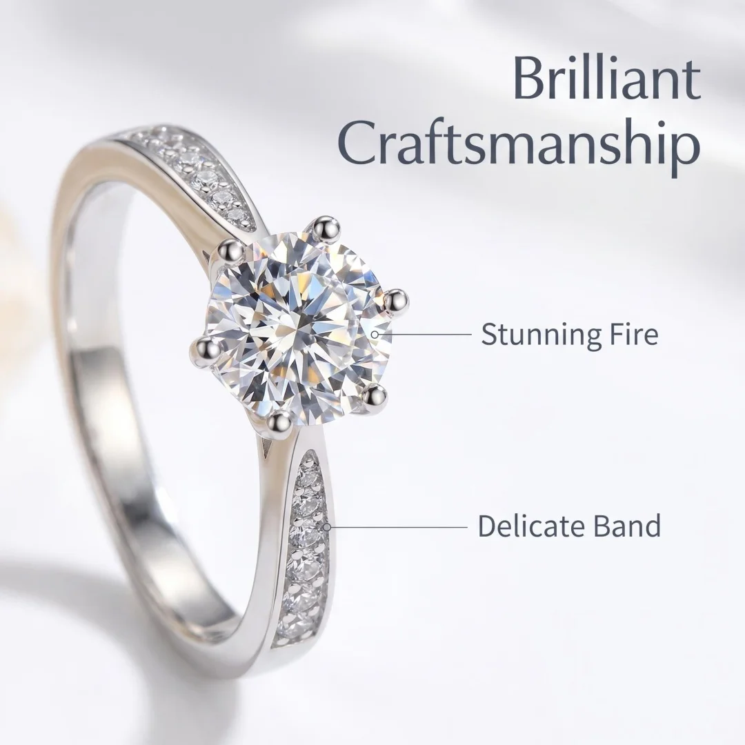 Women's Moissanite Ring, 18K White Gold Plated, 0.5ct-2ct