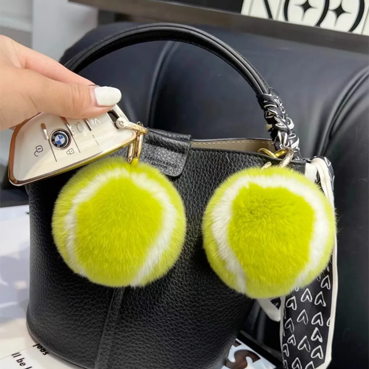 Cute Small Tennis Imitation Rex Rabbit Hair Tennis Car Keychain Pendant ins Plush Ball School Bag Hanging Gifts