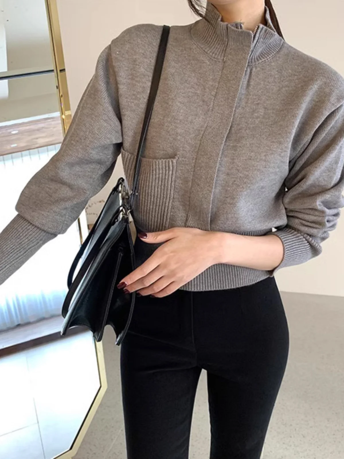

Chic Casual Long Sve Stand Collar Women's Knitwear Autumn Winter Outerwear Zipper Design ket Faion ort Top