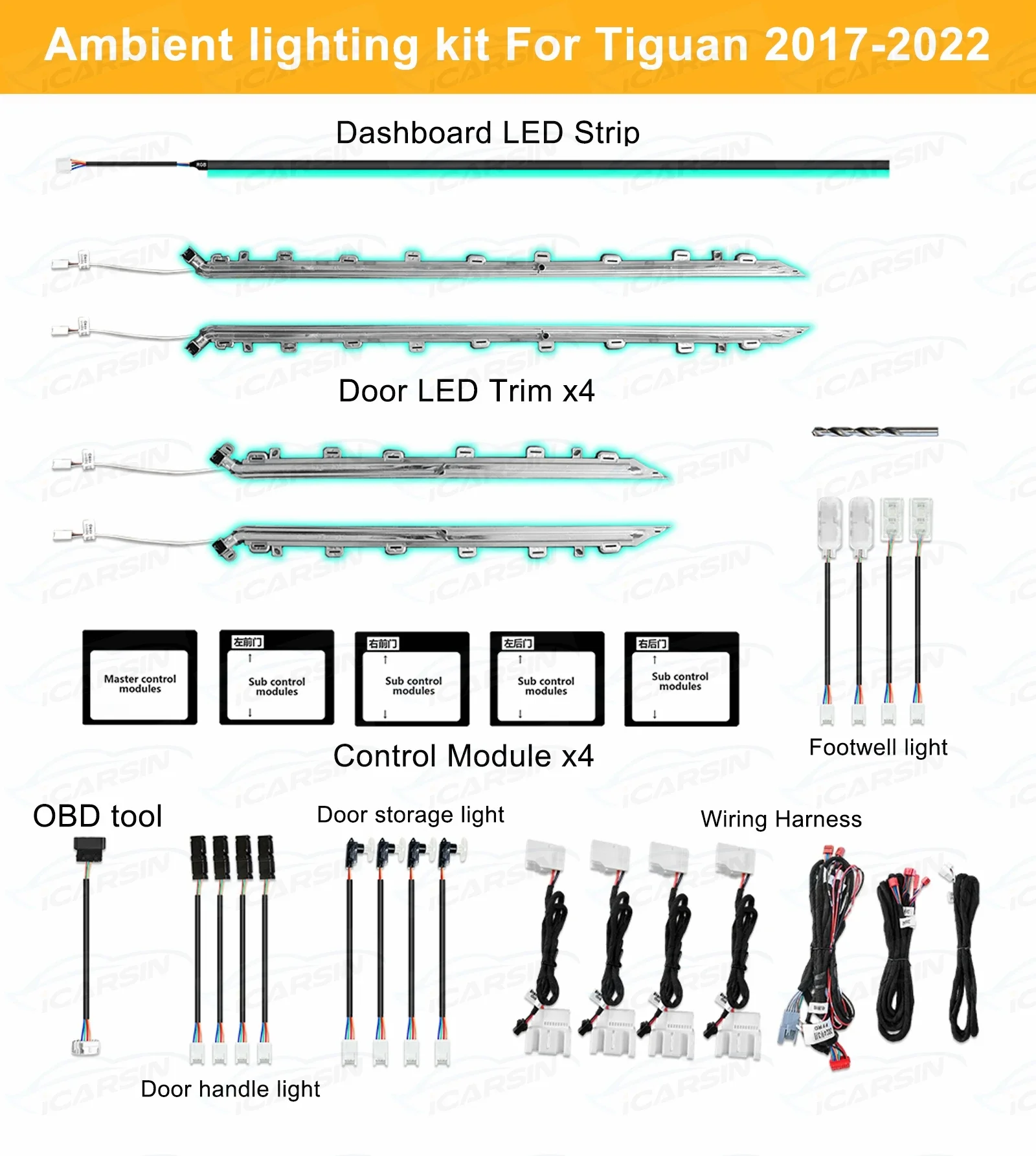 iCarsin Car Ambient Lighting Upgrade Kit For Volkswagen Tiguan 2017 to 2022 Interior LED Lights Door Trim