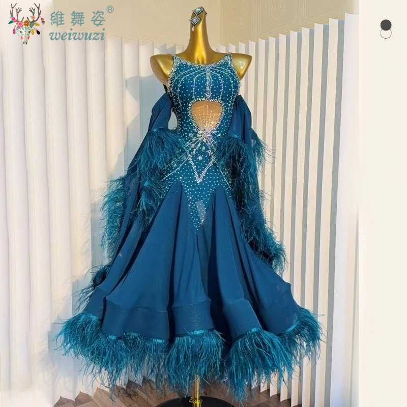 

Social Ballroom Dance Pearl Silk Fabric Ostrich Feather Big Swing Dresses High End Luxurious Custom Women Waltz Perform Clothing