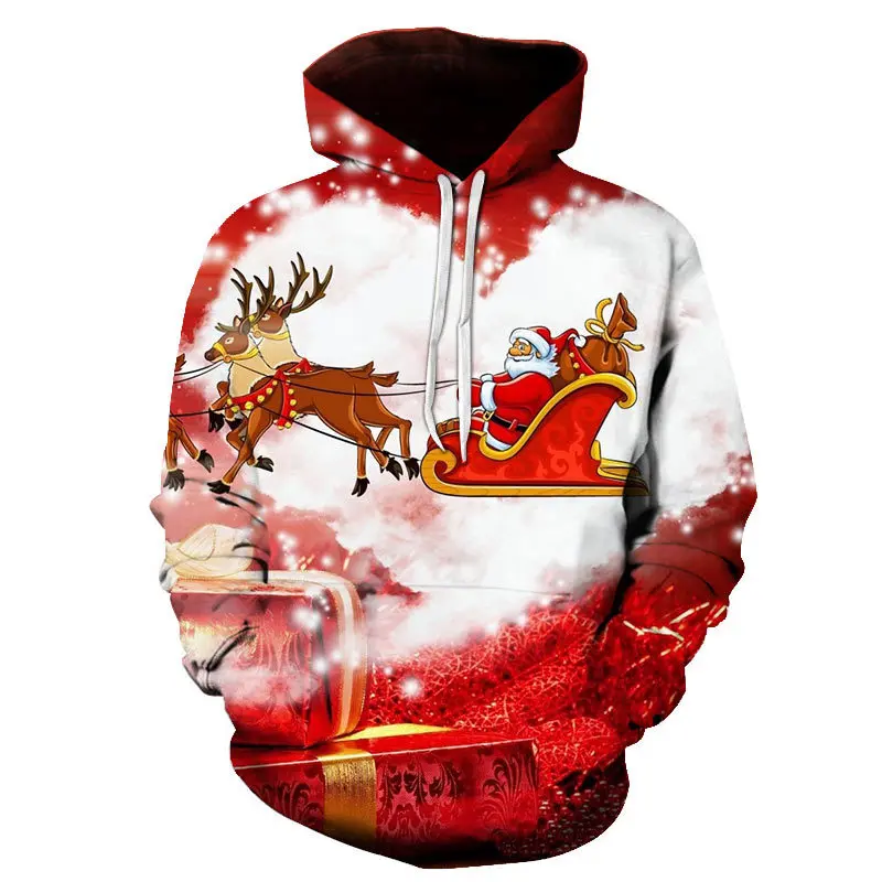 

Christmas Elk Pulling Santa Men Hoodie Kids Sweatshirts Streetwear Hip Hop Harajuku Casual Pullover Winter Party Festive Clothes