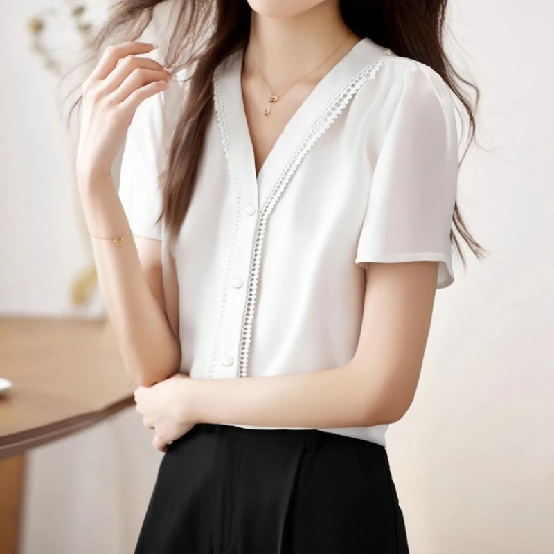 Single Breasted Blouse Women 2025 Spring/Summer New Simulated Silk Satin Splicing Shirt Short Sleeve Stylish V-neck Womens Tops