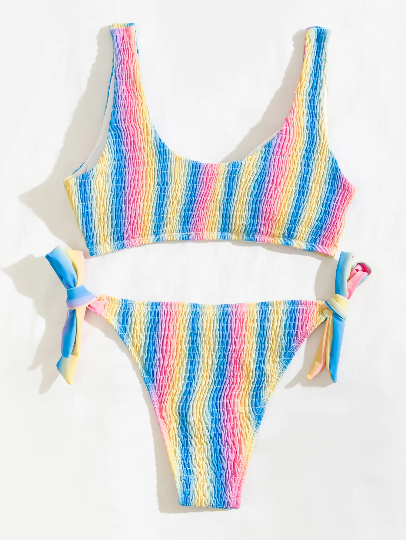 2024 New Sexy Bikini Women Rainbow Stripe Pleated Swimwear Swimsuit Knotted Bikinis Set Bathing Suit Beach Bikini Female Push Up