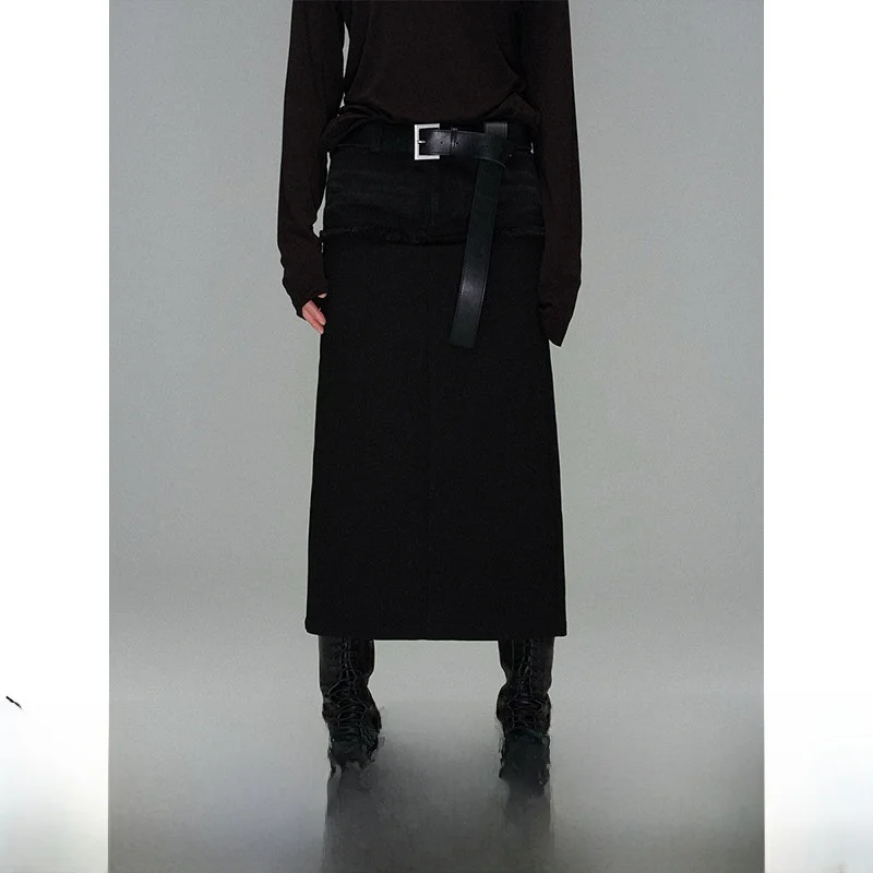 

Loala Office Bla Waed Denim Patchwork Split Skirt Street Sle Low Waist Cotton Straight Cut Daily Wear