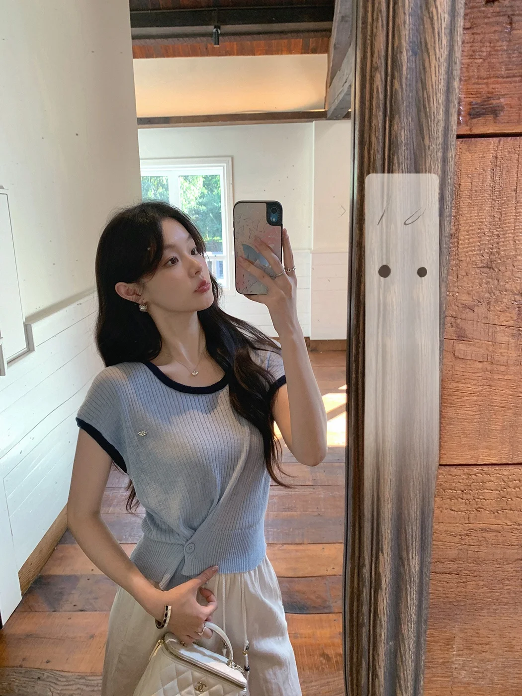 

Ibell Zhang Beibei Contrast Color Knitted Buttoned Slim Fit round Ne Tee Cotton Linen Fabric ort Sve Casual Sle