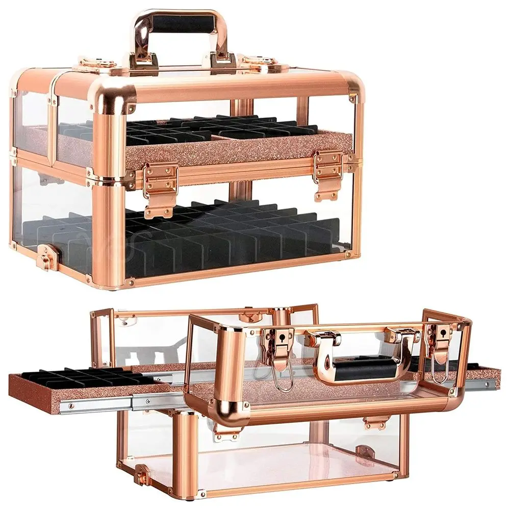 

Органайзер для профессиональных косметических и маникюрных принадлежностей – Прозрачный акриловый кейс, вмещает 94 флакона, выдвижные лотки, запирающиеся защелки – Портативный, размер S