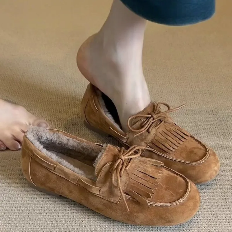 Suede Loafers Shoes Fur Flats Boots Woman 2026 Trend Winter Fashion Designer New Brand Walking Cozy Casual Warm Sneakers Mujer