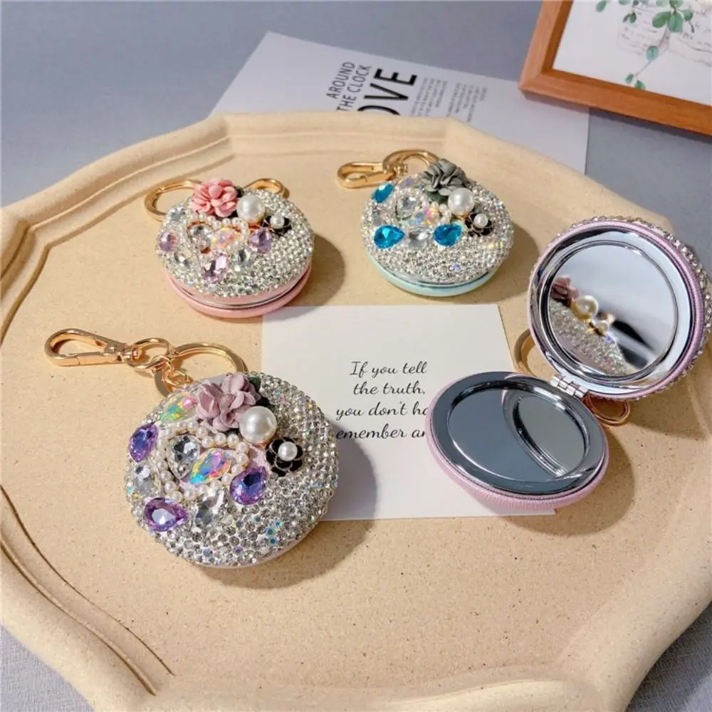 Portable Full Rhinestone Camellia Makeup Mirror Folding Round Car Keychain Floral Sparkling Touch Up Mirror Girl