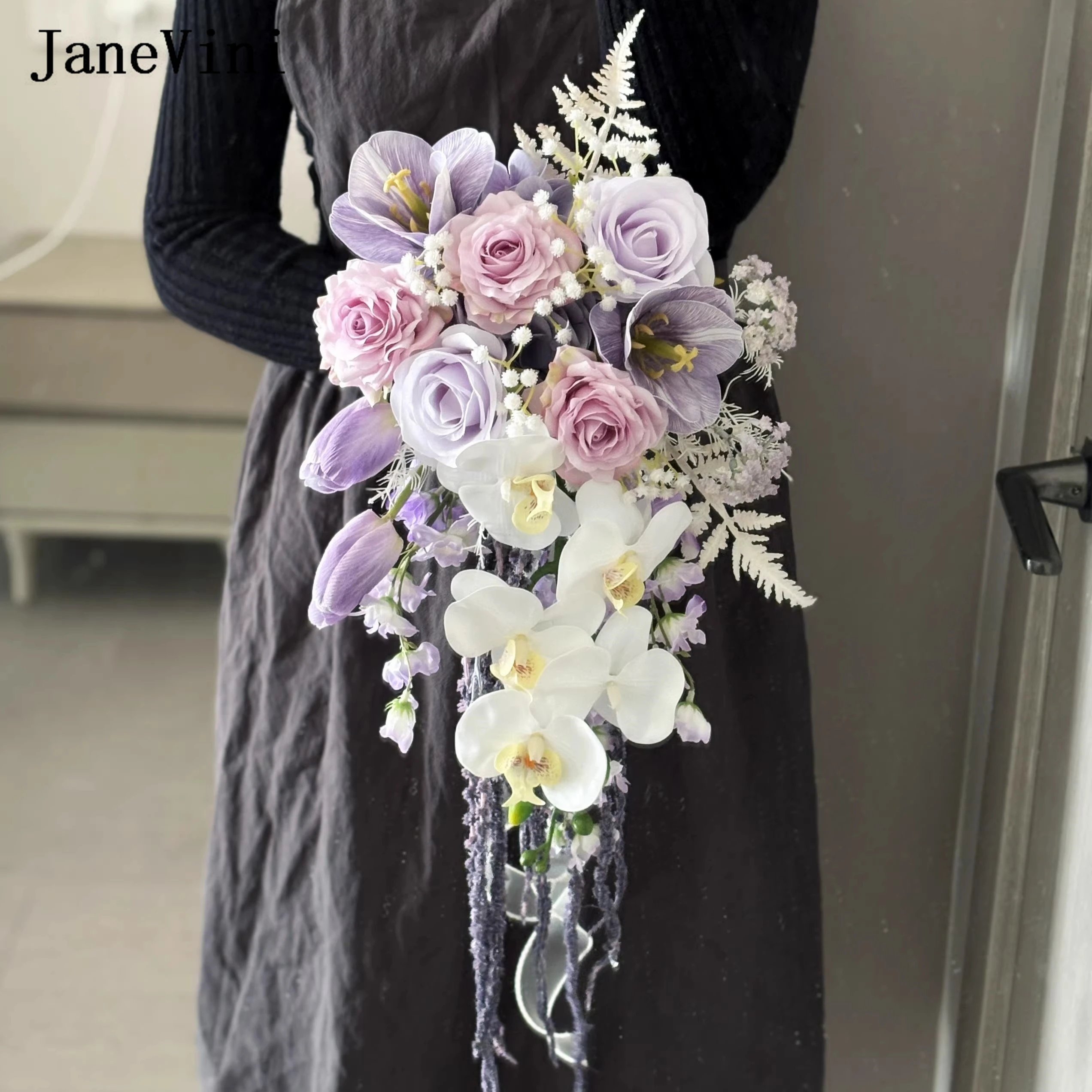 janevini-high-end-artificial-orchid-waterfall-bridal-bouquet-purple-white-cascading-wedding-holding-flowers-roses-bride-bouquets