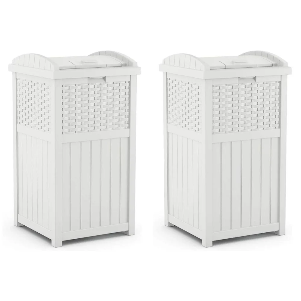 

Suncast Wicker Plastic 33 Gallon Outdoor Trash Bin with Latching Lid for Backyard, Deck, and Patio, White (2 Pack)