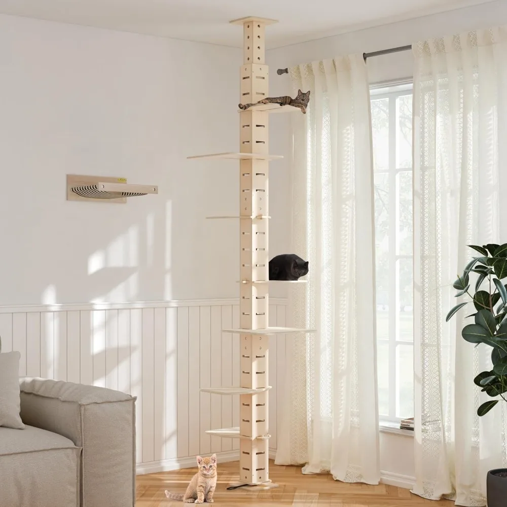 

Floor to Ceiling Cat Tree Tower for Indoor Large Cats, 7 Tier Tall Cat Climbing Pole with Adjustable Height, Customized