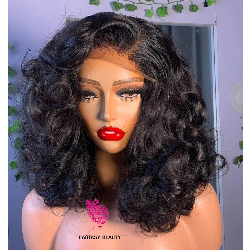 Short Bob Loose Deep Wave Natural Synthetic Hair 13x4 Lace Front Wigs Glueless High Temperature Fiber Synthetic Transparent Lace