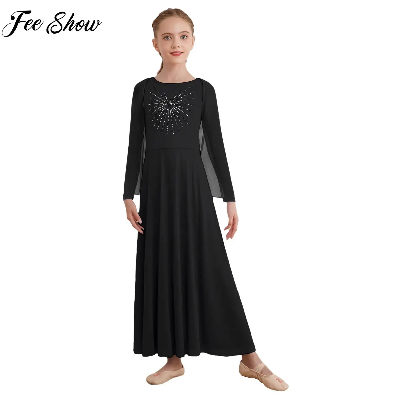 

Kids Girls Praise Liturgical Lyrical Contemporary Dance Performance Costume Church Worship Angel Wing Shrug with Maxi Dress Set