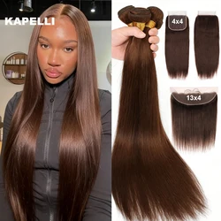 Chocolate Brown Straight Human Hair Bundles with Closure HD 4x4 13x4 Frontal Hair Bundles 100% Raw Remy Hair Weave Extensions