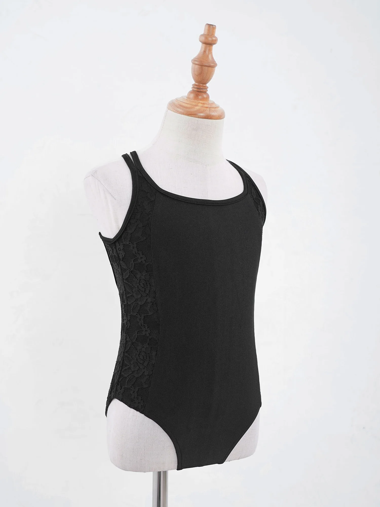 Kids Girls Sleeveless Round Neckline Lace Patchwork Solid Color Straps Hollow Back Dance Leotards bodysuit dancewear