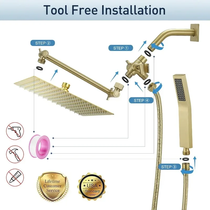 10 Inch All Metal Rain Shower Head With Handheld, High Pressure Dual Shower Head Combo With Adjustable Extension Arm