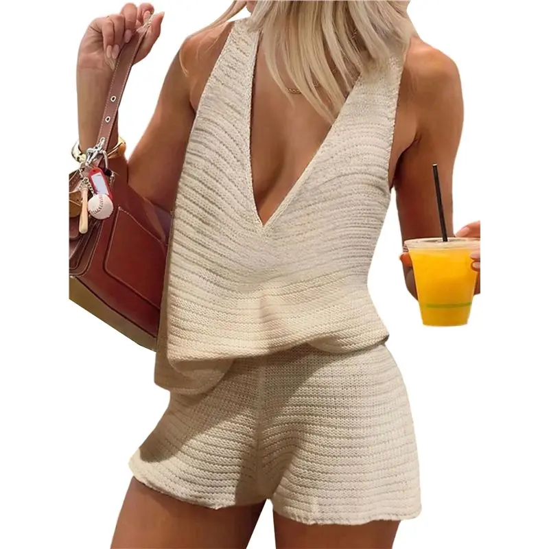 

CYL-Women's 2 Piece Outfits Deep V Neck Sleeveless Tank Tops And Shorts Summer Vacation Sets
