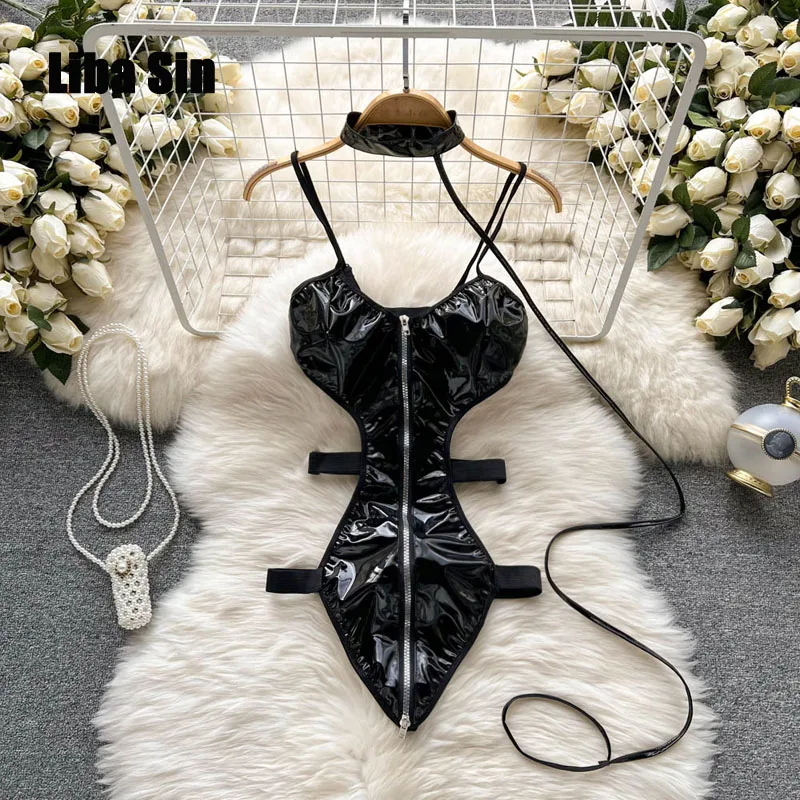 

Rin Confa Summer Women Dark Babes Sexy Niche Zipper Pu Leather Irregular Jumpsuit Lace Up High Fork Backless Suspender Top