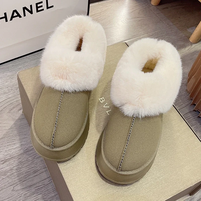 Winter Warm Thicken Plush Chunky Platform Cotton Slippers Women Flat Heels Fur Slippers Woman 2024 New Faux Suede Fluffy Shoes