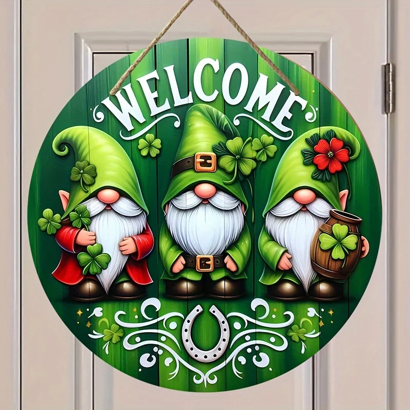 2D Flat - 1pc of 2D flat surface St. Patrick'S Day Welcome Sign, 1pc St. Patrick'S Day Welcome Sign, Manufactured Wooden Round W
