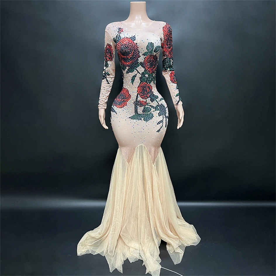 

Rose Printing Luxury Diamonds Sexy Sheath Fishtail Dress Evening Party Performance Costume Nightclub Singer Dancer Stage Wear