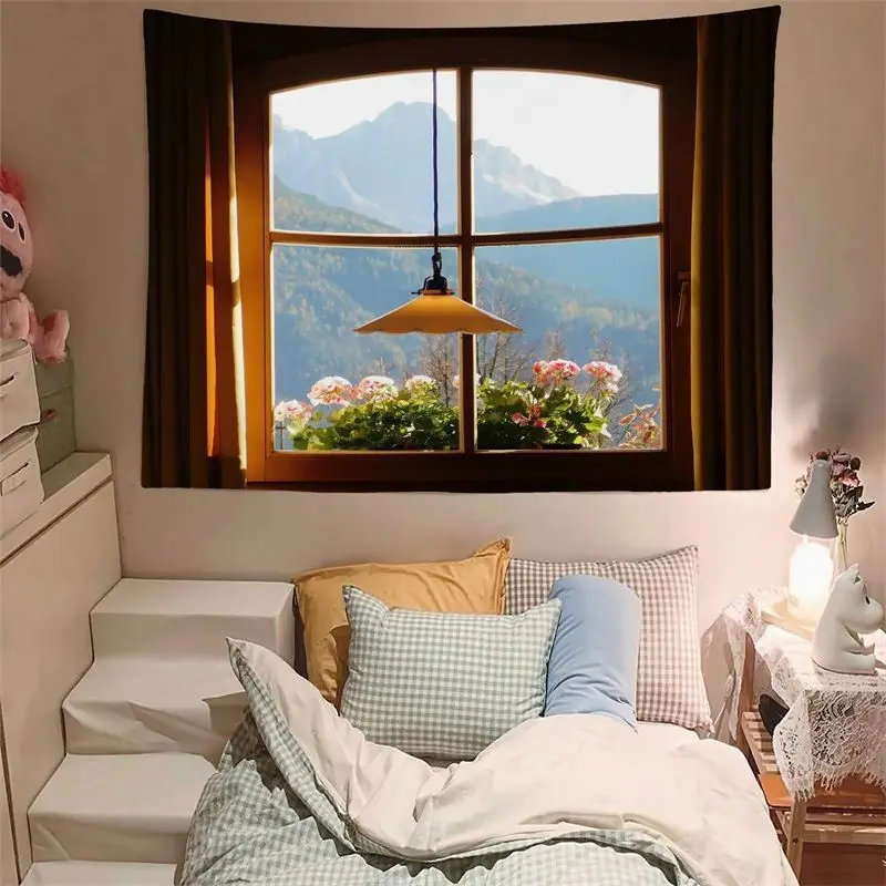 VIKAMA Simulation Window View Starry Sky Earth Tapestry, HD Wear-Resistant Background Cloth for Dreamy Living Room Decor