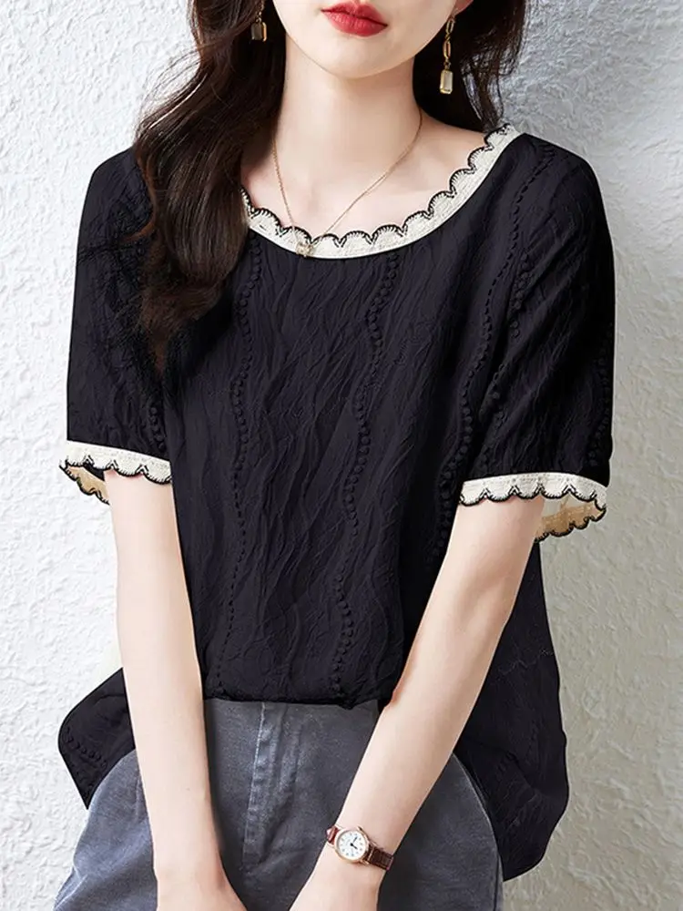 Moda O-Collo Spliced Ruffles Camicetta casual Abbigliamento femminile 2025 Estate Nuovo pullover coreano Top Camicia da pendolare