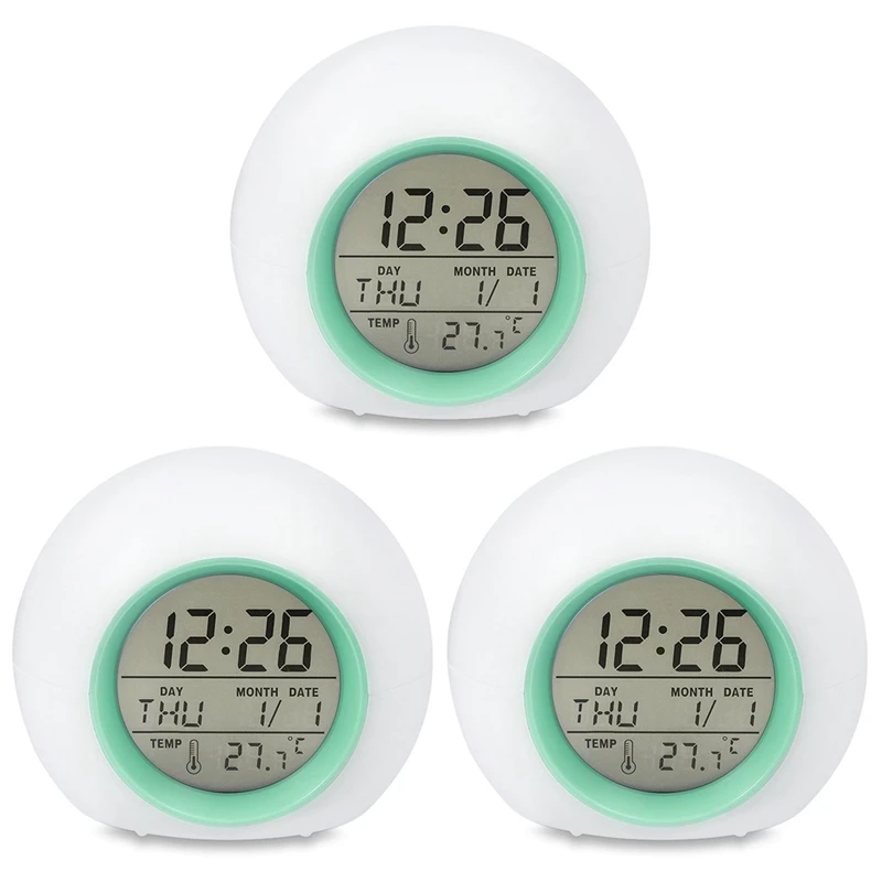 3X Kids Alarm Clock - Wake Up Light Digital Clock With 7 Colors Changing, Press Control And Snooze Function For Bedrooms