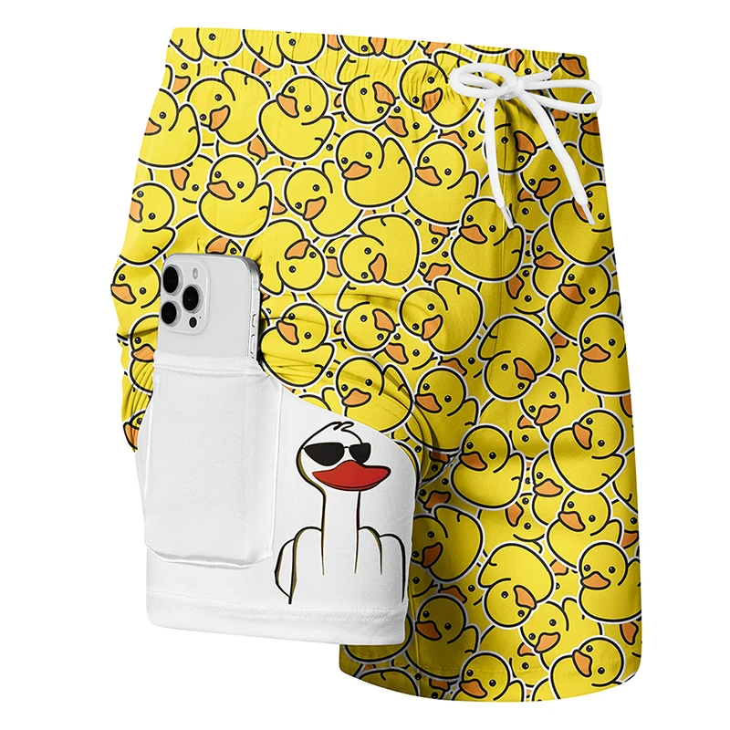 Men's Prank Duck Print 2 in 1 Beach Shorts with Phone Pocket Summer Casual Funny Board Shorts Quick Dry Swim Trunks Swimwear image 4