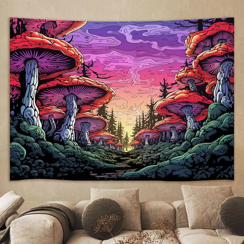 VIKAMA Neon Illusion Mushroom Tapestry Fantasy Forest Polyester Wall Hanging Bedroom Dorm Living Room Cosmic Retro Soft Durable