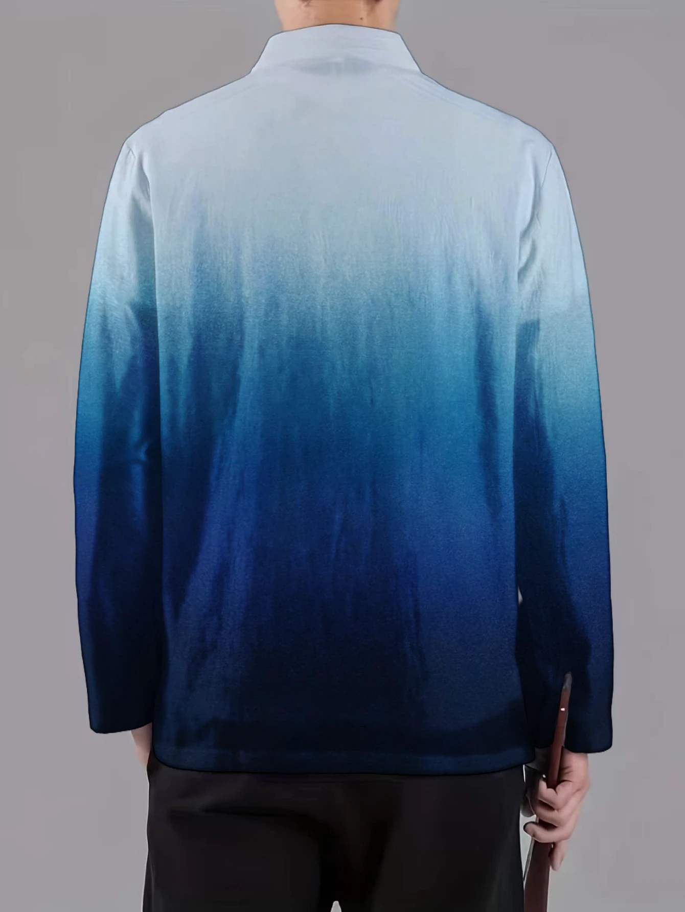 Men Mandarin Collar Frog Button Jacket Ink Wash Bamboo Gradient Art Print Traditional Outerwear