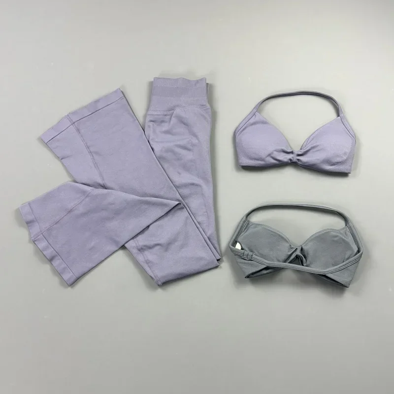 2-teiliges Nahtloses Neckholder-Sport-BH-Set mit Rückenausschnitt und Polsterung, Weiche Weitbeinige Hüftliftende Yoga-Hose, Figurbetontes Fitness-Workout-Set – Detail 6