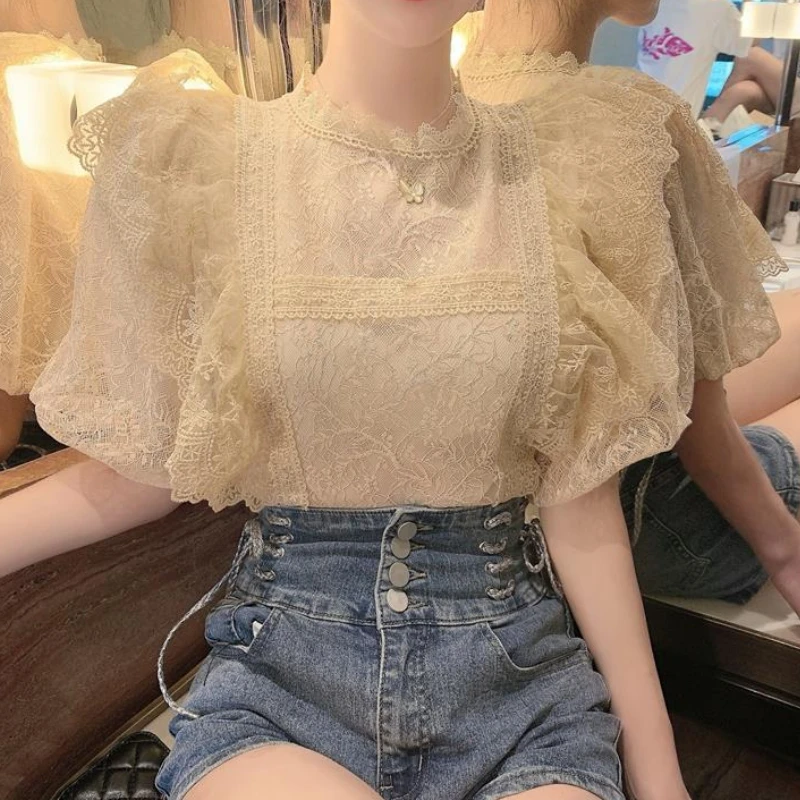 Korean Chiffon Ruffles Lace Sweet Shirts Women Puff Sleeve O-Neck Casual Elegant Fashion Retro All-match Slim Summer Chic Tops